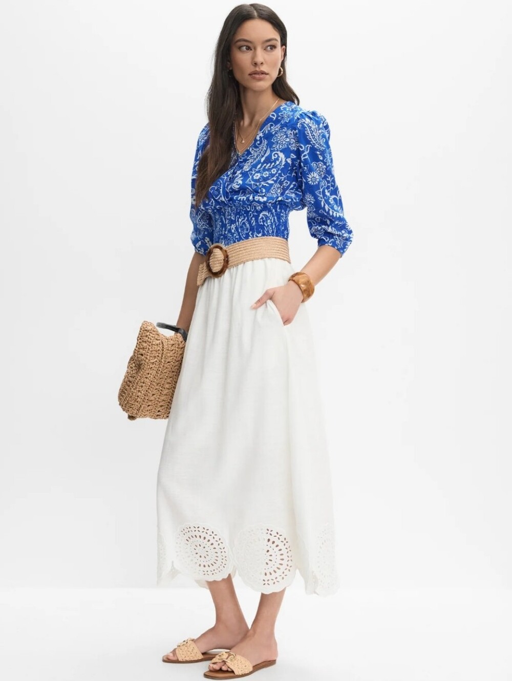 Melanie Lyne Scalloped Hem Maxi Skirt Size 10 Porcelain (White) Linen Blend